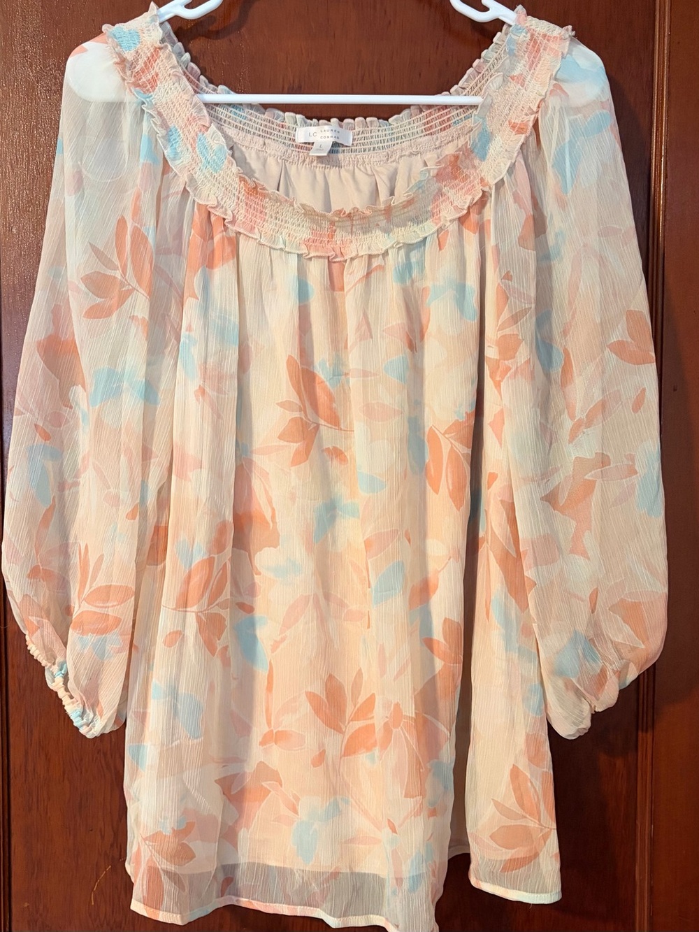 LC Lauren Conrad Sheer Floral Off-Shoulder Peasant Blouse in Peach & Light Blue